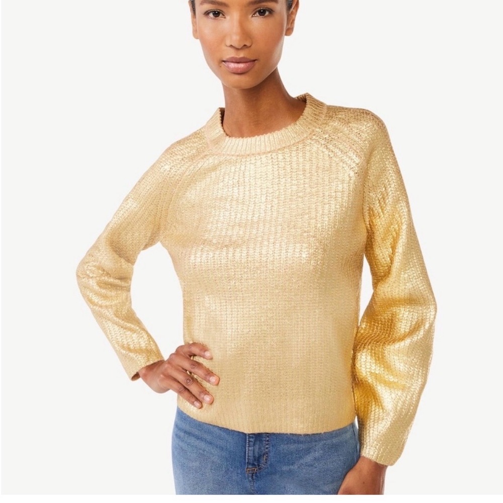 Scoop Gold Metallic Textured Sweater – Soft Knit, Size M, Shimmer Statement Top